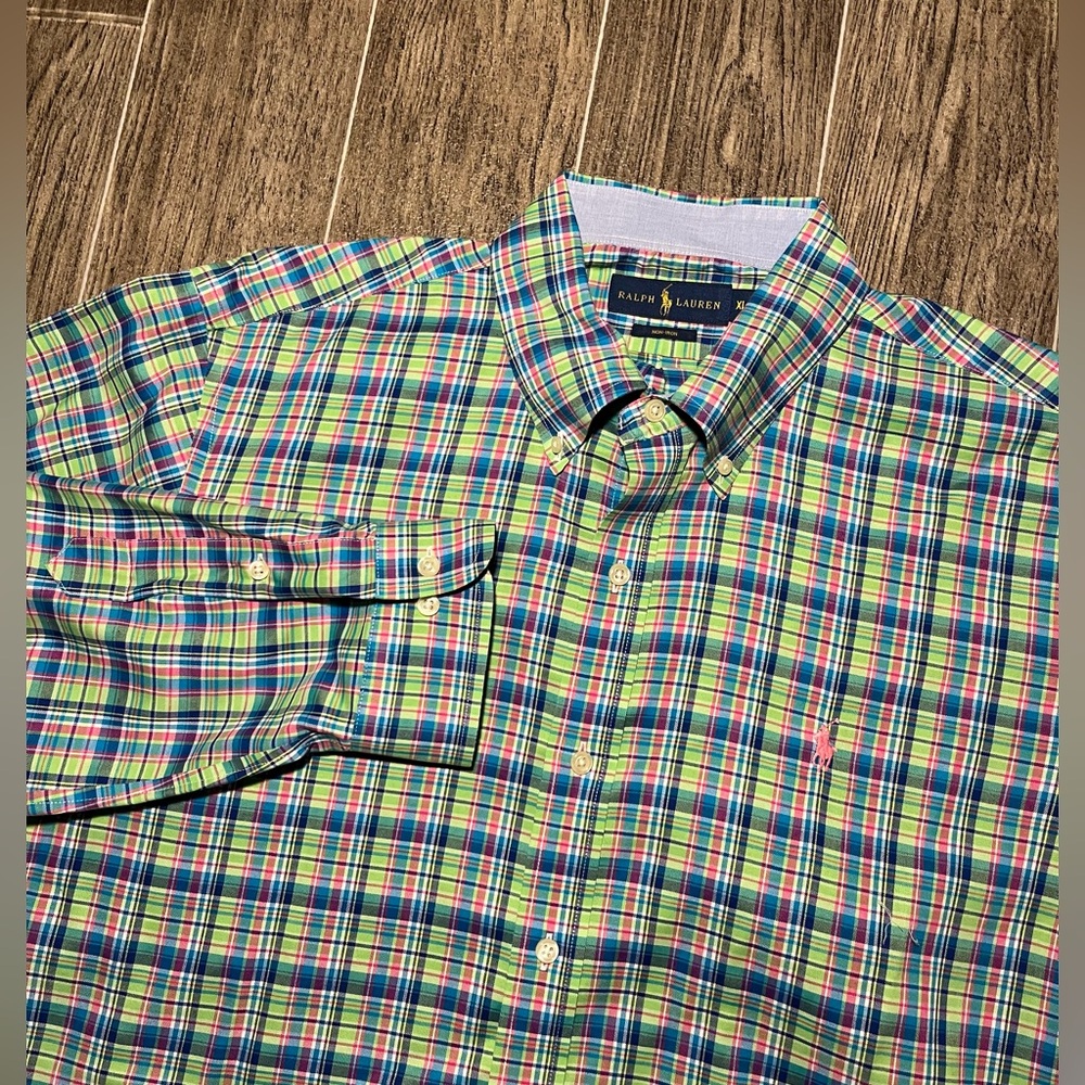 Ralph Lauren Green Gingham Check Long Sleeve Button Shirt Men’s XL Non Iron